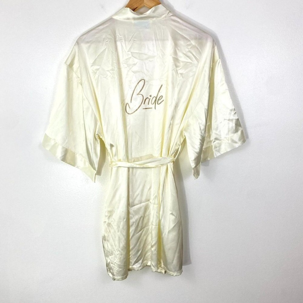 "Bride" Robe Ivory White Women's Size Small Tie Waist Satin Wrap Comfort Turquaz